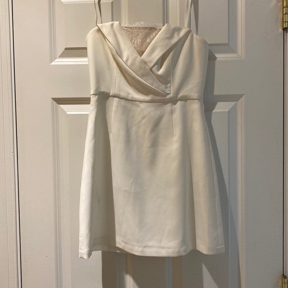 BCBGMaxazria ivory mini dress with lace inset